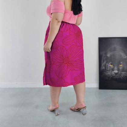 Imagem de Saia Midi Cintura Alta com Bolsos e Aberturas Laterais Forrada Diversas Cores Estampadas Viscolinho Plus Size G2 G3