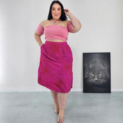 Imagem de Saia Midi Cintura Alta com Bolsos e Aberturas Laterais Forrada Diversas Cores Estampadas Viscolinho Plus Size G2 G3