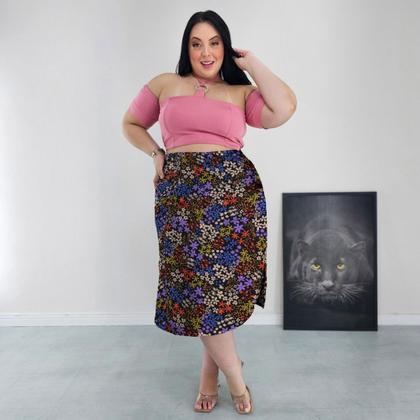 Imagem de Saia Midi Cintura Alta com Bolsos e Aberturas Laterais Forrada Diversas Cores Estampadas Viscolinho Plus Size G2 G3
