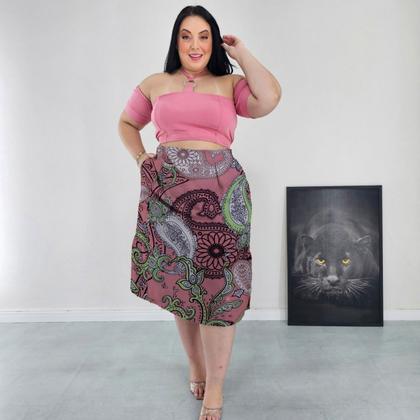 Imagem de Saia Midi Cintura Alta com Bolsos e Aberturas Laterais Forrada Diversas Cores Estampadas Viscolinho Plus Size G2 G3