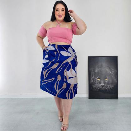 Imagem de Saia Midi Cintura Alta com Bolsos e Aberturas Laterais Forrada Diversas Cores Estampadas Viscolinho Plus Size G2 G3