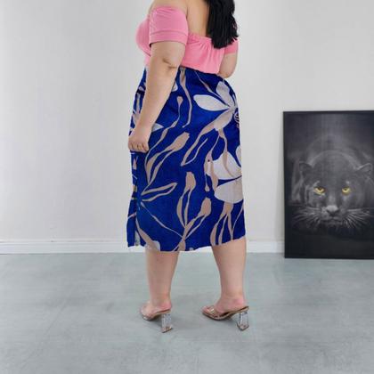 Imagem de Saia Midi Cintura Alta com Bolsos e Aberturas Laterais Forrada Diversas Cores Estampadas Viscolinho Plus Size G2 G3