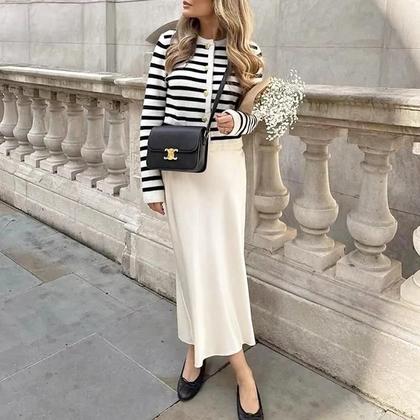 Imagem de Saia Midi de Cetim Casual e Elegante para Mulheres - Cintura Média - Primavera/Verão