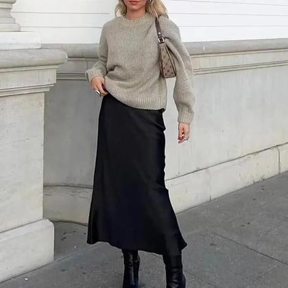 Imagem de Saia Midi de Cetim Casual e Elegante para Mulheres - Cintura Média - Primavera/Verão