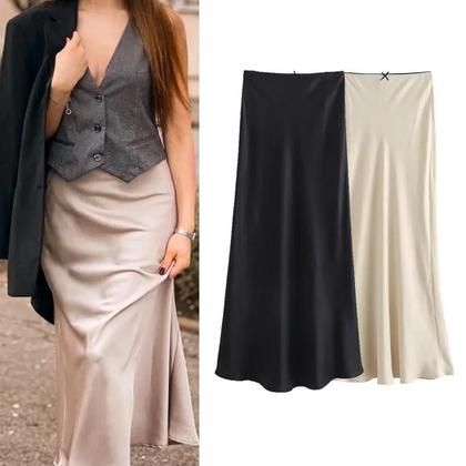 Imagem de Saia Midi De Cetim Para Mulheres Com Laço E Pregas, Elegante E Vintage, Moda De Primavera, Verão E