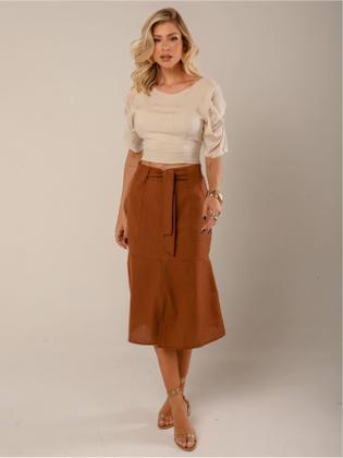 Imagem de Saia Midi em Linho com Bolsos Funcionais e Cinto Removível