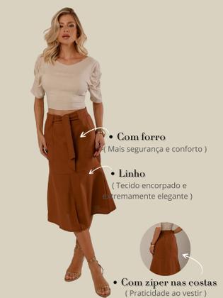 Imagem de Saia Midi em Linho com Bolsos Funcionais e Cinto Removível