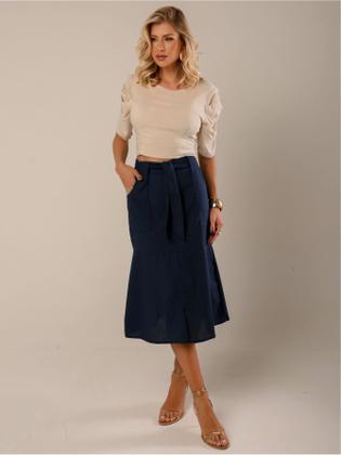 Imagem de Saia Midi em Linho com Bolsos Funcionais e Cinto Removível