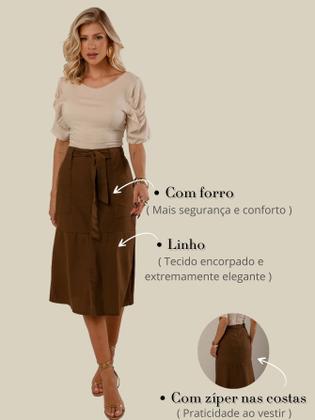 Imagem de Saia Midi em Linho com Bolsos Funcionais e Cinto Removível