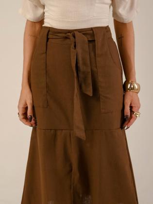 Imagem de Saia Midi em Linho com Bolsos Funcionais e Cinto Removível