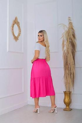 Imagem de Saia Midi Gode Cintura Alta Rodada Em Viscolinho - PINK