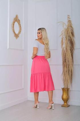 Imagem de Saia Midi Gode Cintura Alta Rodada Em Viscolinho - ROSA