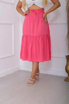 Imagem de Saia Midi Gode Cintura Alta Rodada Em Viscolinho - ROSA