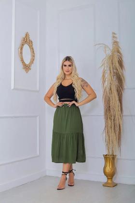 Imagem de Saia Midi Gode Cintura Alta Rodada Em Viscolinho - VERDE MILITAR