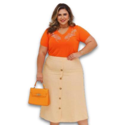 Imagem de Saia Midi Linho Tebas Forrado c/ 5 Botões Plus Size