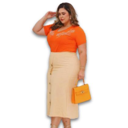 Imagem de Saia Midi Linho Tebas Forrado c/ 5 Botões Plus Size
