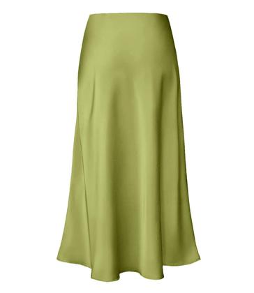Imagem de Saia Midi Modegal, cetim, cintura alta, alargada, uma linha, verde