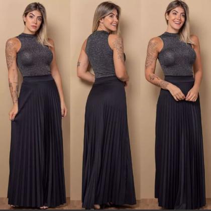 Imagem de Saia Plissada Feminina Longa Moda Evangelica Com Forro Preta Tamanho P M e G Tendencia