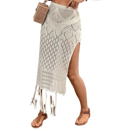 Imagem de Saia Sarong Feminina De Tricô Texturizado Com Fenda Alta E Franjas, Saída De Praia Para Biquíni,