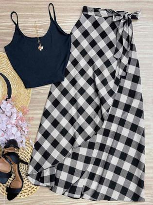 Imagem de Saia Xadrez Festa Junina Moda Country Envelope Envelopada Feminino Longa Estampada Floral Poa Pareo Tamanho:36/42COR:XA