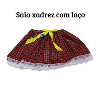 Imagem de Saia Xadrez Vermelha 30cm com Laço e Babado de Renda