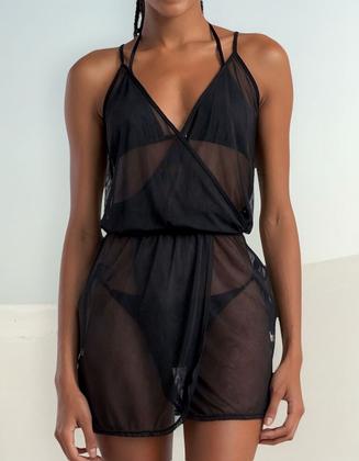 Imagem de Saída de Praia Vestido Tule Transparente Curta Decote V Poliéster She