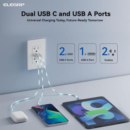Imagem de Saídas USB ELEGRP 30W 6,0 Amp USB C Tomada de parede de 3 portas