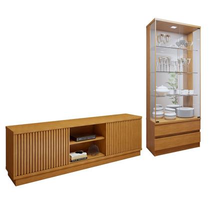 Imagem de Sala de Estar Completa Lisboa Logan 4 Portas 2 Gavetas com Vidro 100% Mdf com Led Naturale - Mavaular