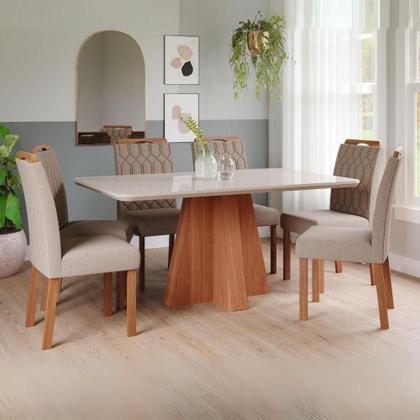 Imagem de Sala De Jantar 160X80Cm Tampo Mdf/Vidro 6 Cadeira Cimol Maitê Cimol Cinamomo/Off/Mad/Linho Bege