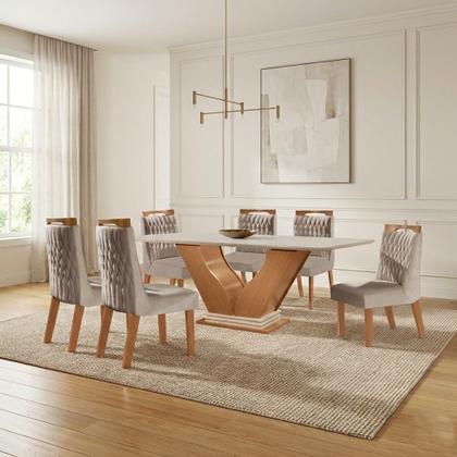 Imagem de Sala de Jantar 6 Cadeiras Estofadas Atena e Mesa com Tampo MDF e Vidro Safira Cinamomo/Off White Bege