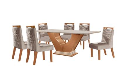 Imagem de Sala de Jantar 6 Cadeiras Estofadas Atena e Mesa com Tampo MDF e Vidro Safira Cinamomo/Off White Bege