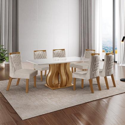 Imagem de Sala de Jantar 6 Cadeiras Estofadas Atena e Mesa Retangular com Tampo de Vidro Nuance Castanho/Cinamomo/Bege Marrom/Pena/Off White