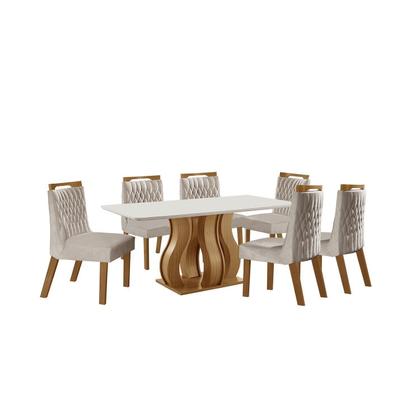 Imagem de Sala de Jantar 6 Cadeiras Estofadas Atena e Mesa Retangular com Tampo de Vidro Nuance Castanho/Cinamomo/Bege Marrom/Pena/Off White