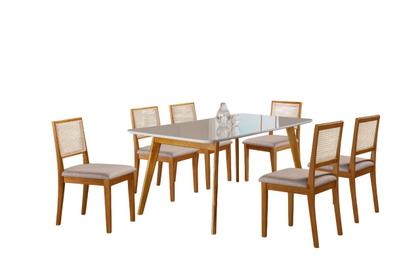 Imagem de Sala de Jantar 6 Lugares Moscou Mesa e Cadeiras Madeira Maciça Telinha Rattan e Tecido Linho Cinza Prata