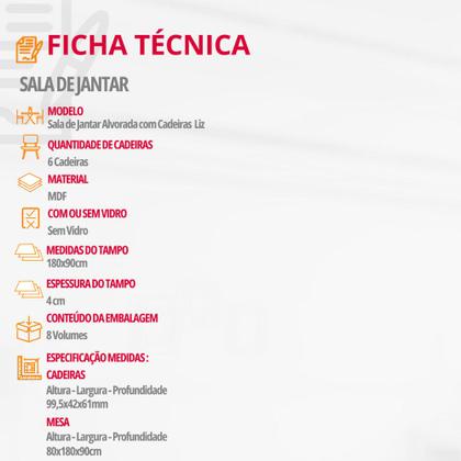 Imagem de Sala de Jantar Alvorada com 6 Cadeiras Liz MDF Rufato