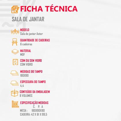 Imagem de Sala de jantar Aster 180 Tampo em MDF e Vidro com 6 Cadeiras Liz Moderna