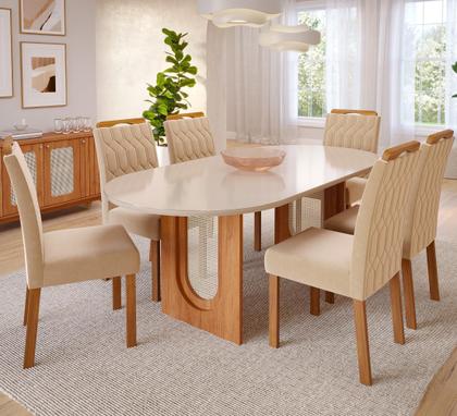 Imagem de Sala de Jantar Com Mesa Oval 2,10m Valentina e 6 Cadeiras Paola Cinamomo/Off White/Madeira/Nude Cimol Móveis