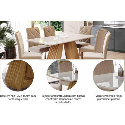 Imagem de Sala de Jantar Completa Ágata Tampo Madeirado c/ Vidro 180x90cm e 6 Cadeiras Fernanda Nature/Off White - Carvalho/Linho Grafite - Cimol