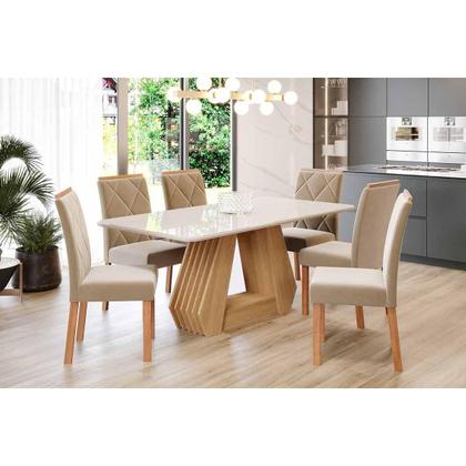 Imagem de Sala de Jantar Completa Ágata Tampo Madeirado c/ Vidro 180x90cm e 6 Cadeiras Fernanda Nature/Off White - Carvalho/Linho Grafite - Cimol