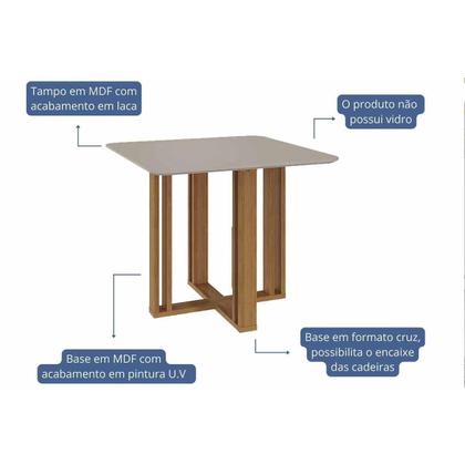 Imagem de Sala de Jantar Completa Flora Tampo Madeirado c/ Vidro 95x95cm e 4 Cadeiras Paola Cinamomo/Off White - Carvalho/Suede Nude Bege - Cimol