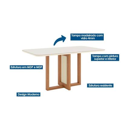 Imagem de Sala de Jantar Completa Natalí c/ Tampo Madeirado c/ Vidro Curvo 160x90cm e 6 Cadeiras Milla Nature/Veludo Light Linho - Henn