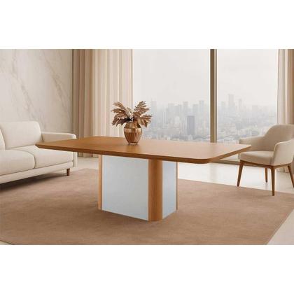 Imagem de Sala de Jantar Completa Pietá c/ Tampo Madeirado Canto Curvo 180x90cm e 6 Cadeiras Havana Naturale/Off White - Corano Capuccino - Rufato