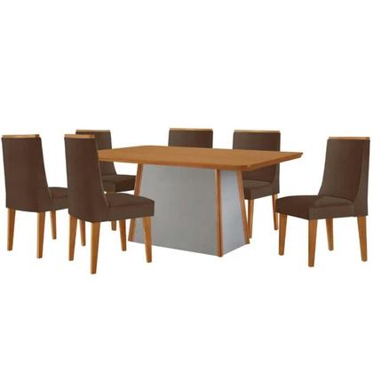 Imagem de Sala de Jantar Completa Tilia c/ Tampo Madeirado Canto Curvo 180x90cm e 6 Cadeiras Dakota Naturale/Off White - Suede Marrom - Rufato