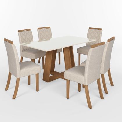 Imagem de Sala de Jantar Hebe Mesa 160 cm Canto Reto com Vidro 6 Cadeiras Espresso Móveis Off White/Nature/Linho