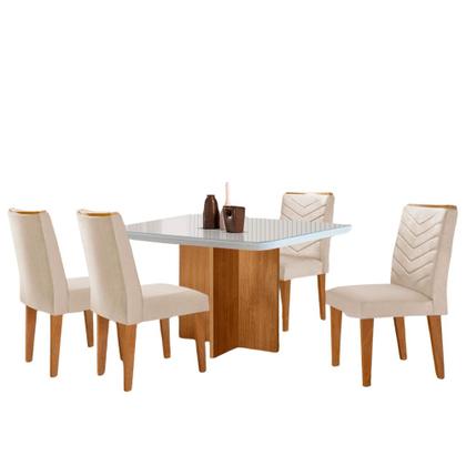 Imagem de Sala de Jantar Mesa 90cm Olímpia em MDF com Vidro Canto Copo 4 Cadeiras Liz Moderna Mobilia