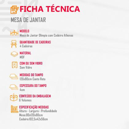 Imagem de Sala de Jantar Mesa Olimpia 120CM MDF Canto Reto com 4 Cadeiras Athenas Moderna