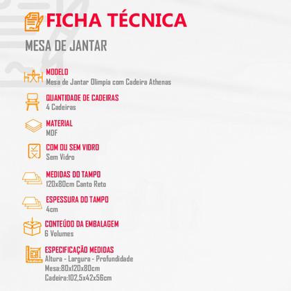 Imagem de Sala de Jantar Mesa Olímpia 120CM MDF Canto Reto com 4 Cadeiras Athenas Moderna