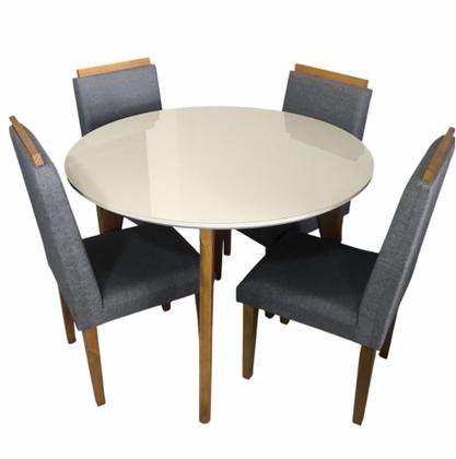 Imagem de Sala de Jantar RV Móveis Turmalina tampo redondo com vidro 108 cm pés de madeira maciça com 4 cadeiras Arezzo estofadas OFF White Cinza