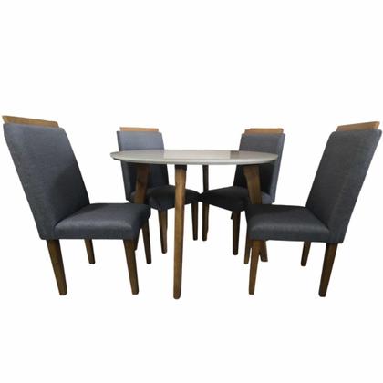 Imagem de Sala de Jantar RV Móveis Turmalina tampo redondo com vidro 108 cm pés de madeira maciça com 4 cadeiras Arezzo estofadas OFF White Cinza