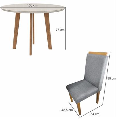 Imagem de Sala de Jantar RV Móveis Turmalina tampo redondo com vidro 108 cm pés de madeira maciça com 4 cadeiras Arezzo estofadas OFF White Cinza